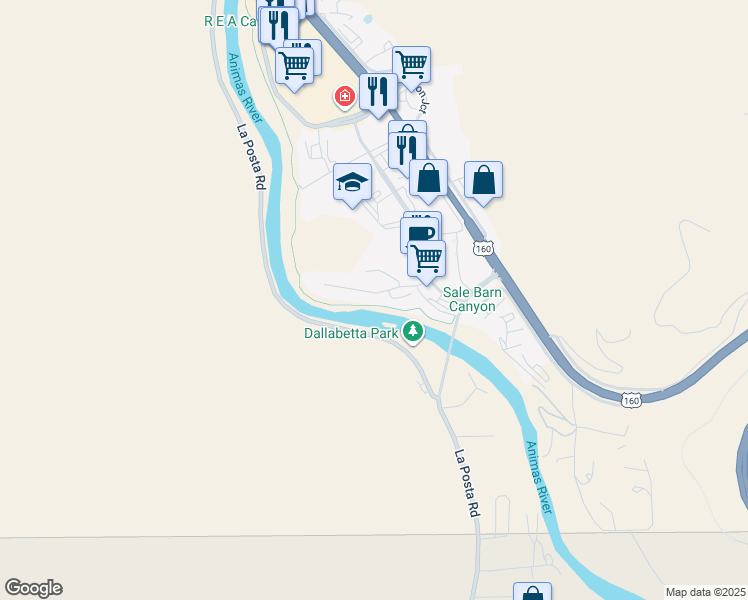 map of restaurants, bars, coffee shops, grocery stores, and more near 104 River Oaks Court in Durango