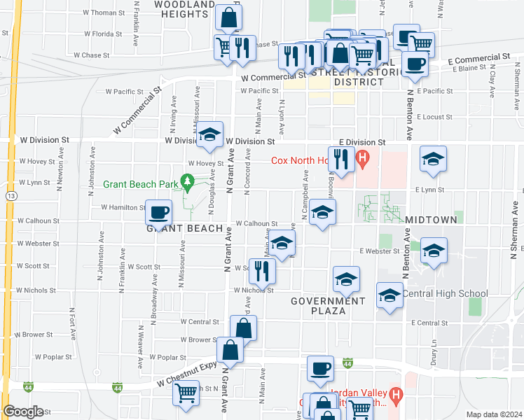 map of restaurants, bars, coffee shops, grocery stores, and more near 1321 North Main Avenue in Springfield