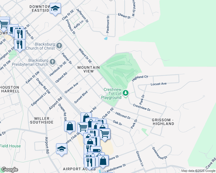 map of restaurants, bars, coffee shops, grocery stores, and more near 1106 Willard Drive Southeast in Blacksburg