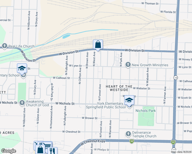 map of restaurants, bars, coffee shops, grocery stores, and more near 1233-1299 NW Ave in Springfield