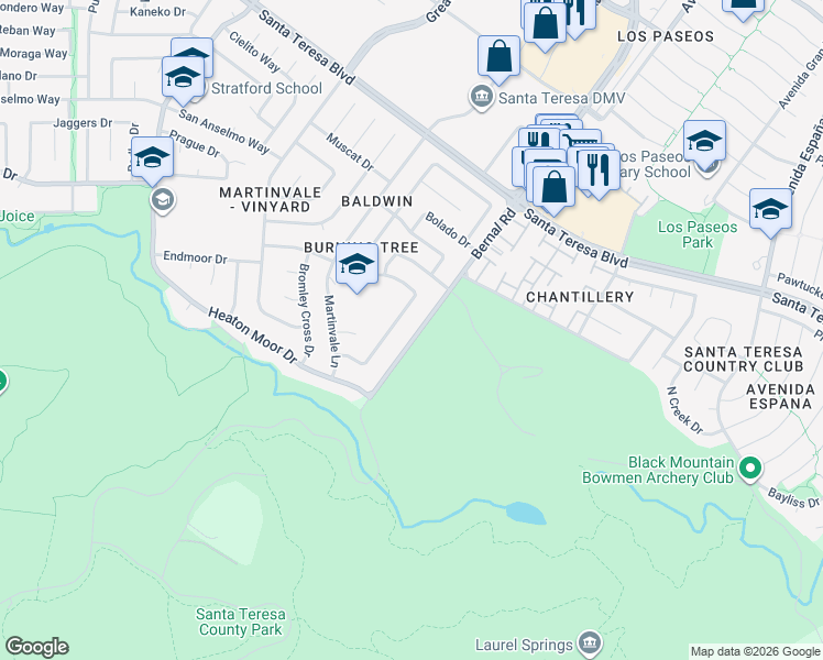 map of restaurants, bars, coffee shops, grocery stores, and more near 269 Bernal Road in San Jose