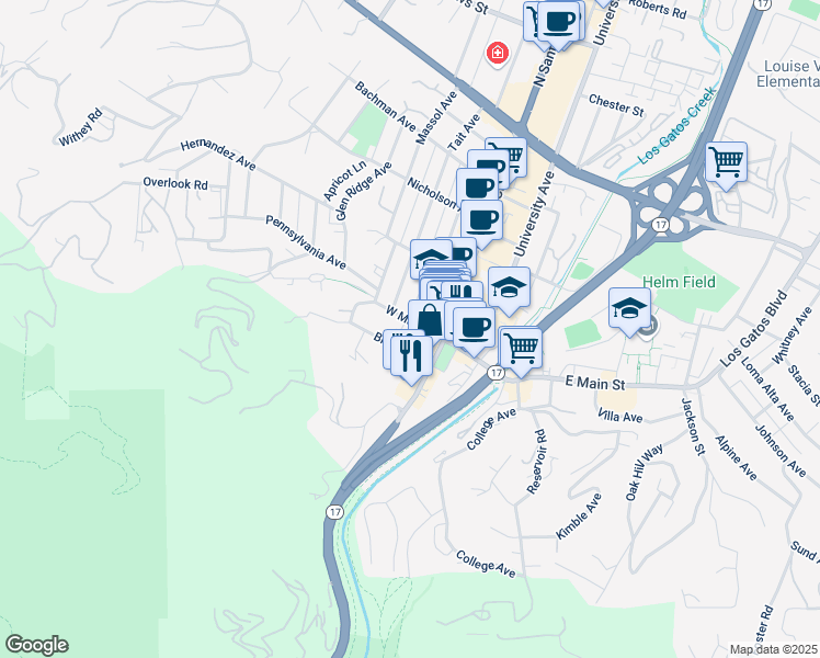 map of restaurants, bars, coffee shops, grocery stores, and more near 20 South Santa Cruz Avenue in Los Gatos