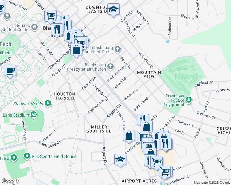 map of restaurants, bars, coffee shops, grocery stores, and more near 907 South Main Street in Blacksburg
