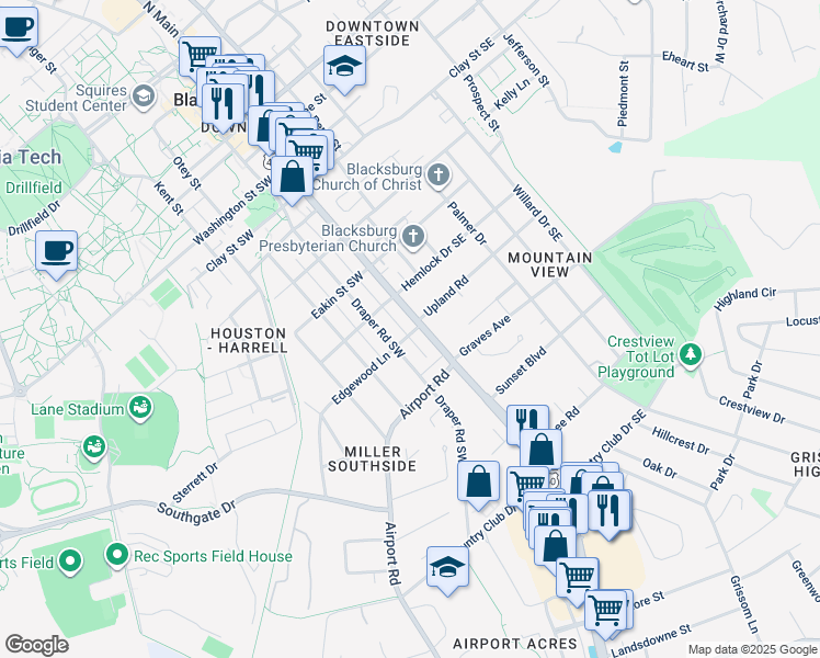 map of restaurants, bars, coffee shops, grocery stores, and more near 901 Draper Road Southwest in Blacksburg