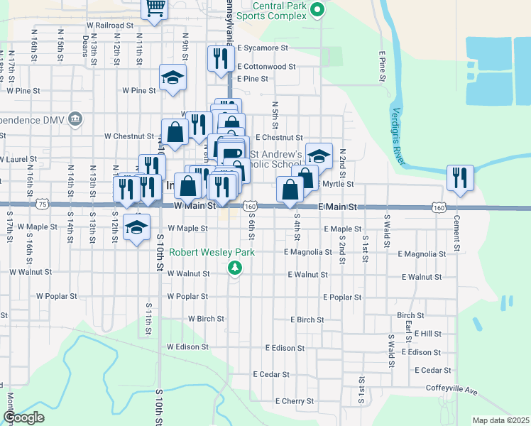 map of restaurants, bars, coffee shops, grocery stores, and more near 220 East Maple Street in Independence