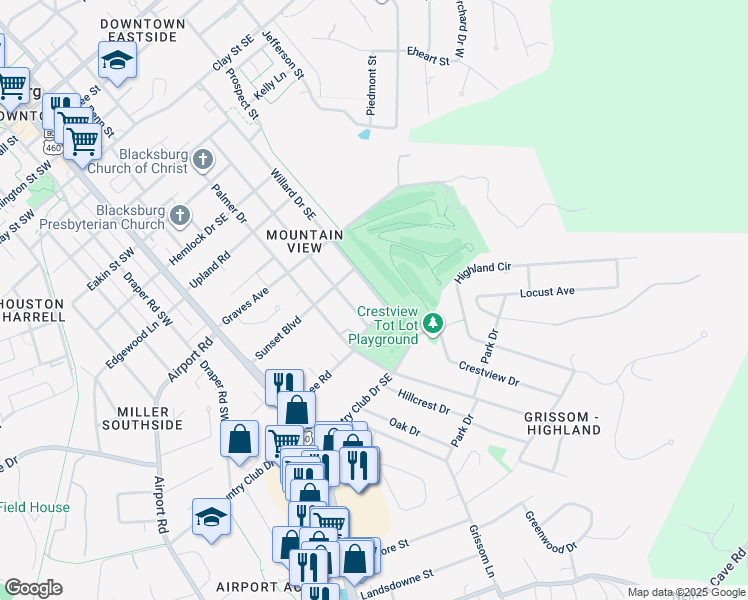 map of restaurants, bars, coffee shops, grocery stores, and more near 1106 Willard Drive Southeast in Blacksburg