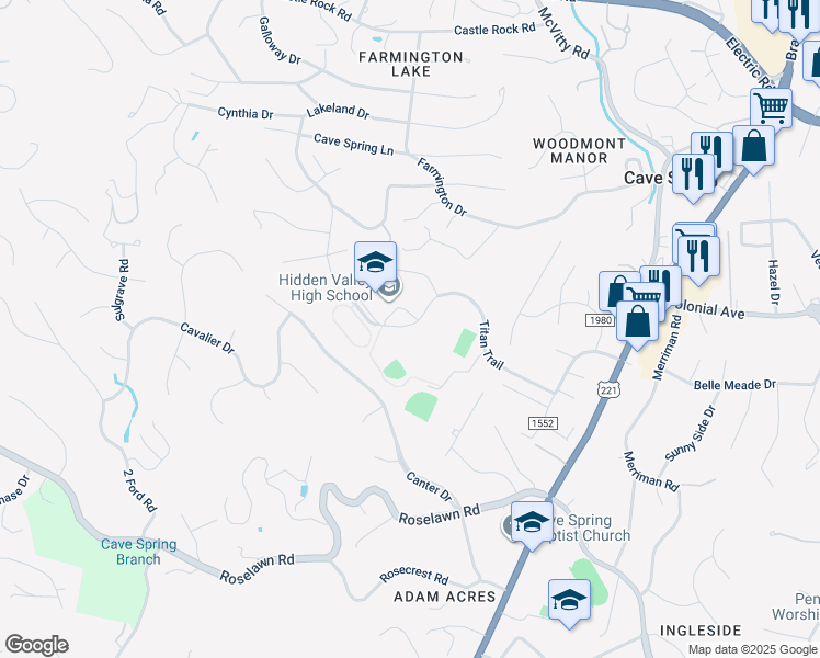 map of restaurants, bars, coffee shops, grocery stores, and more near 5000 Titan Trail in Roanoke