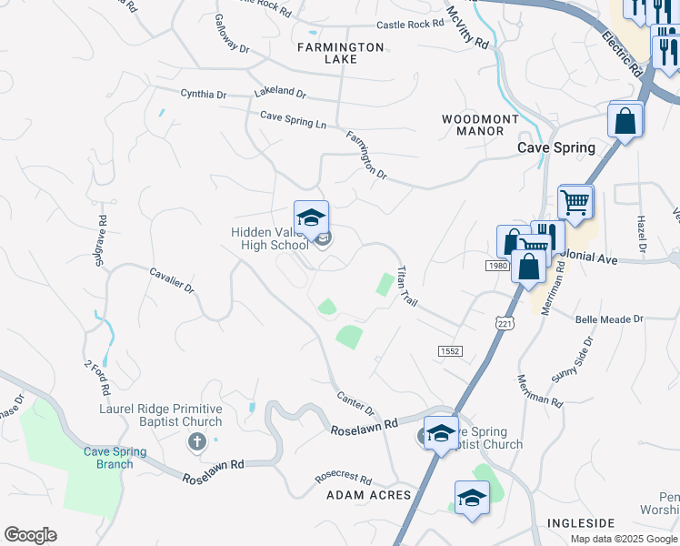 map of restaurants, bars, coffee shops, grocery stores, and more near 5000 Titan Trail in Roanoke