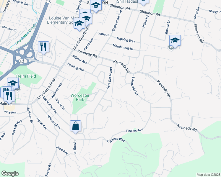 map of restaurants, bars, coffee shops, grocery stores, and more near 16650 Kennedy Road in Los Gatos