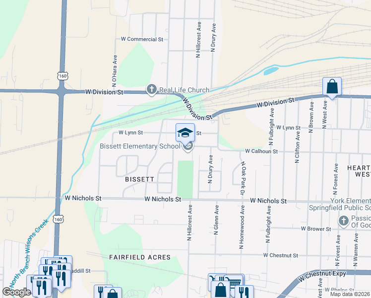 map of restaurants, bars, coffee shops, grocery stores, and more near 3014 West Calhoun Street in Springfield