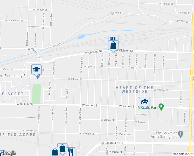map of restaurants, bars, coffee shops, grocery stores, and more near 2547 West Calhoun Street in Springfield