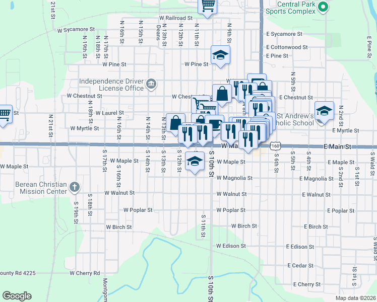 map of restaurants, bars, coffee shops, grocery stores, and more near 198 S 12th St in Independence