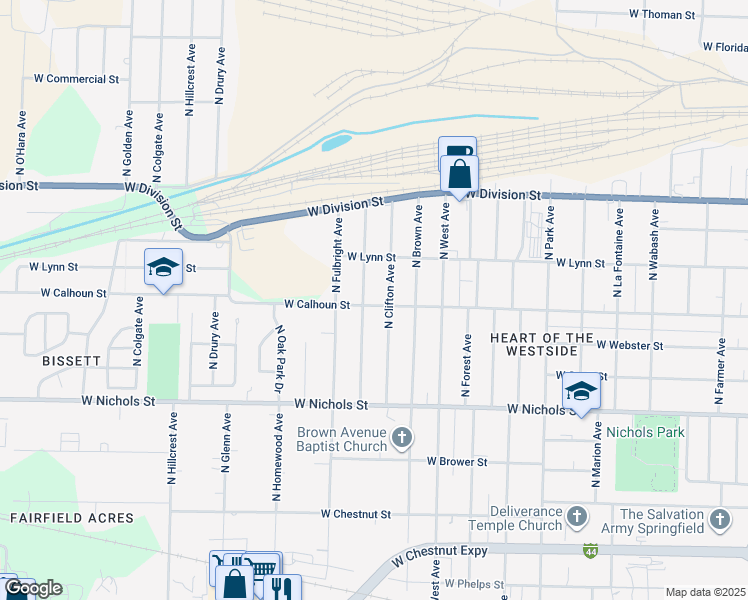 map of restaurants, bars, coffee shops, grocery stores, and more near 1234 North Ethyl Avenue in Springfield