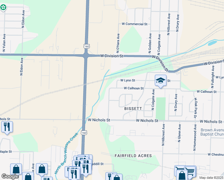 map of restaurants, bars, coffee shops, grocery stores, and more near 3320 West Calhoun Street in Springfield