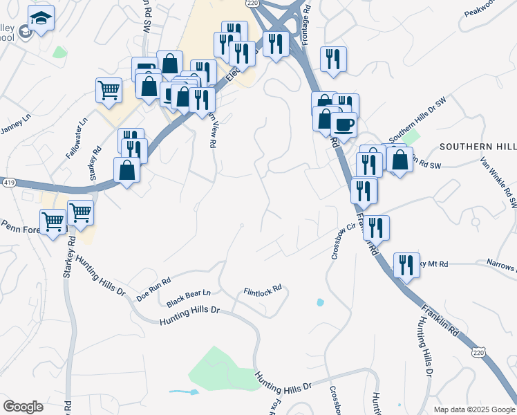 map of restaurants, bars, coffee shops, grocery stores, and more near 4905 South Peak Estates Drive in Cave Spring