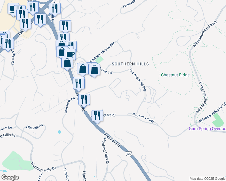 map of restaurants, bars, coffee shops, grocery stores, and more near 4444 Pheasant Ridge Road in Roanoke