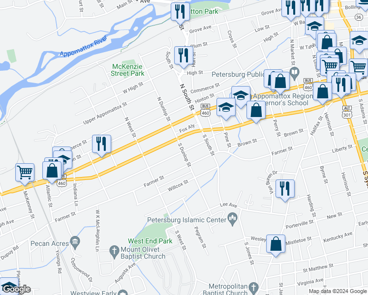 map of restaurants, bars, coffee shops, grocery stores, and more near 125 South Dunlop Street in Petersburg