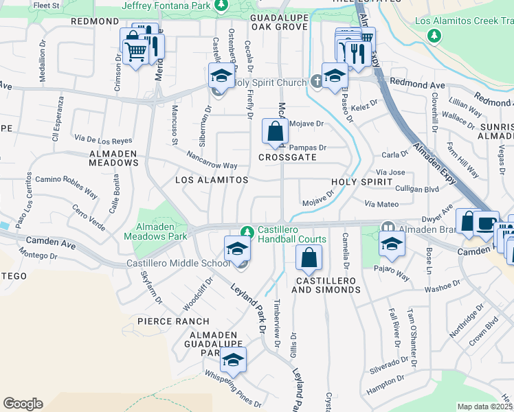 map of restaurants, bars, coffee shops, grocery stores, and more near 6438 Berwickshire Way in San Jose