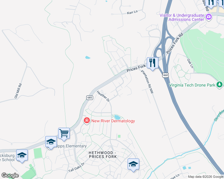 map of restaurants, bars, coffee shops, grocery stores, and more near in Blacksburg