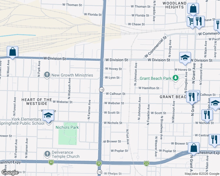 map of restaurants, bars, coffee shops, grocery stores, and more near 1501 West Calhoun Street in Springfield