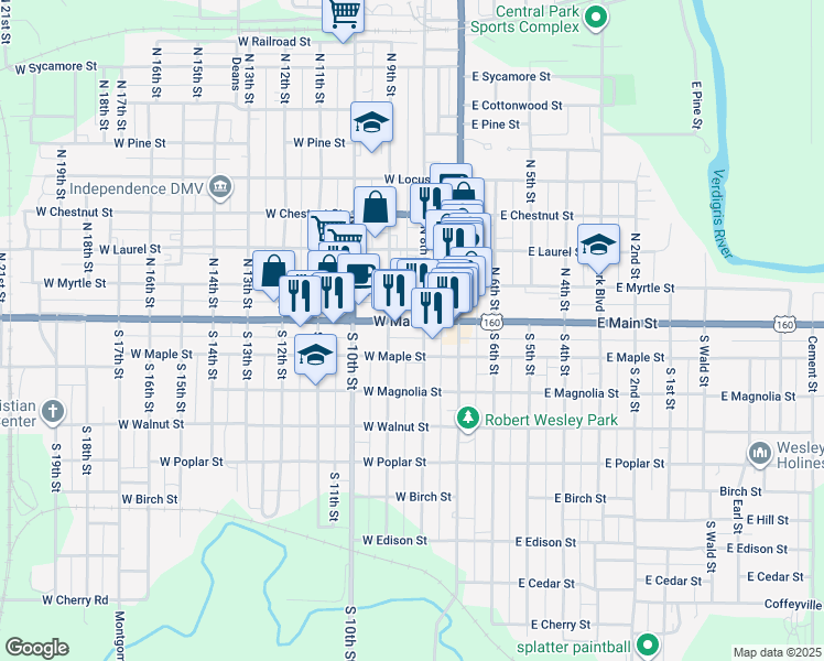 map of restaurants, bars, coffee shops, grocery stores, and more near 201 West Main Street in Independence