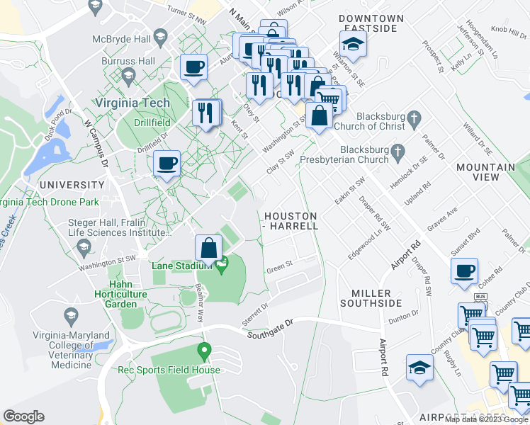 map of restaurants, bars, coffee shops, grocery stores, and more near 518 Houston Street in Blacksburg