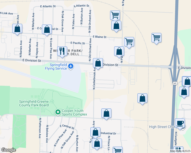 map of restaurants, bars, coffee shops, grocery stores, and more near 1404 North Cedarbrook Avenue in Springfield