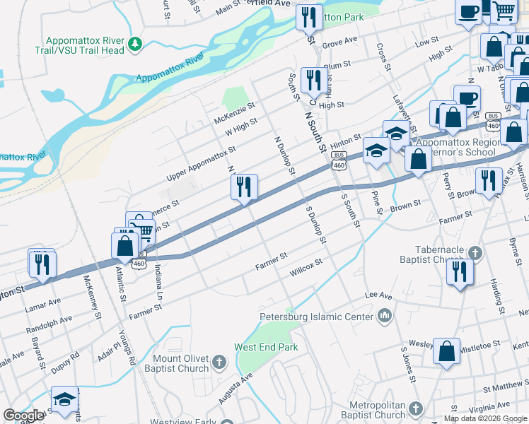 map of restaurants, bars, coffee shops, grocery stores, and more near 1021 West Wythe Street in Petersburg