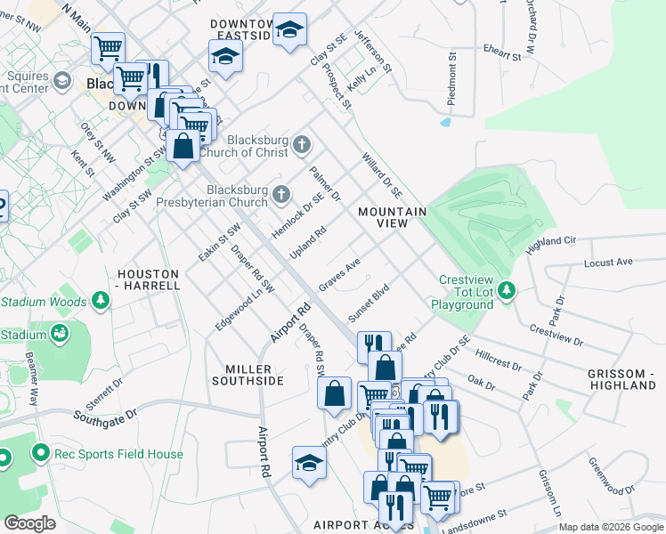 map of restaurants, bars, coffee shops, grocery stores, and more near 206 Graves Avenue in Blacksburg