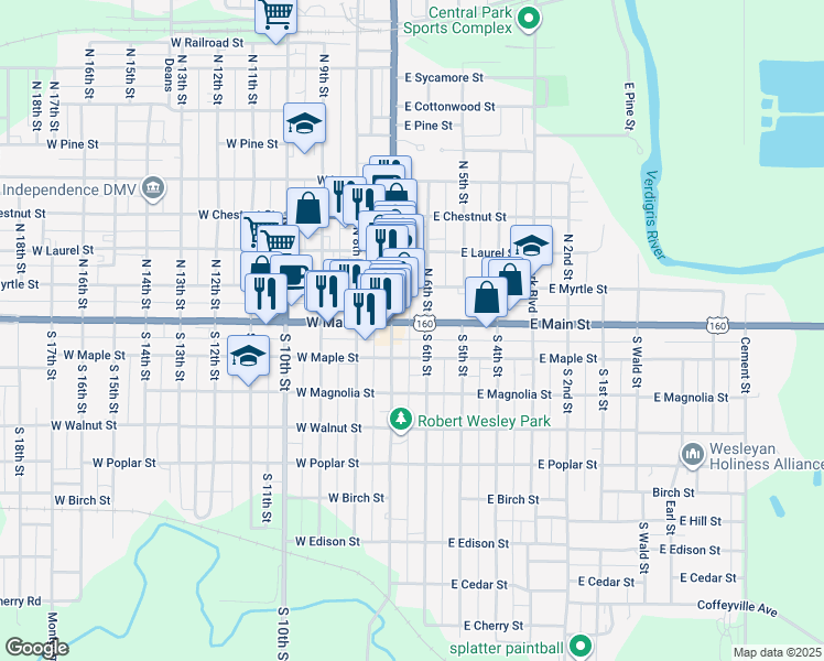 map of restaurants, bars, coffee shops, grocery stores, and more near 122 South Pennsylvania Avenue in Independence