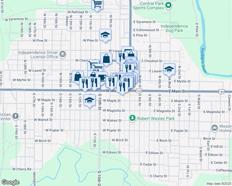 map of restaurants, bars, coffee shops, grocery stores, and more near 218 West Maple Street in Independence