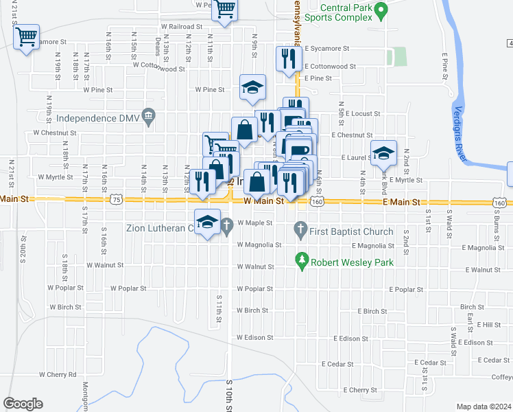 map of restaurants, bars, coffee shops, grocery stores, and more near 218 West Maple Street in Independence