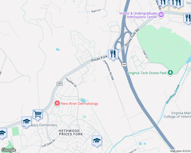 map of restaurants, bars, coffee shops, grocery stores, and more near 902 Brightwood Manor Drive in Blacksburg