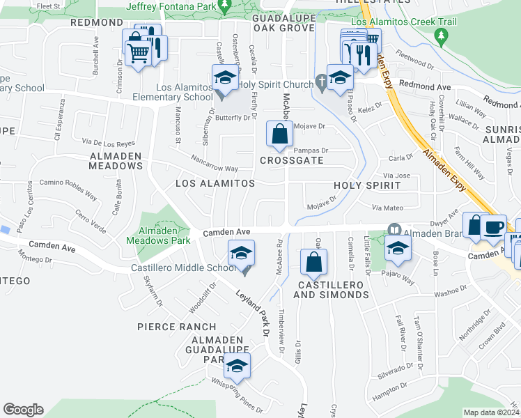 map of restaurants, bars, coffee shops, grocery stores, and more near 6438 Berwickshire Way in San Jose