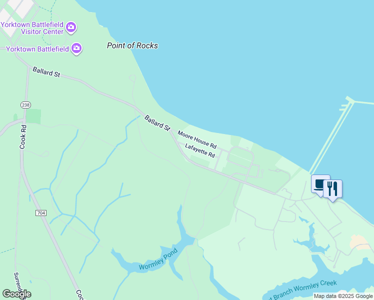 map of restaurants, bars, coffee shops, grocery stores, and more near 106 Lafayette Road in Yorktown