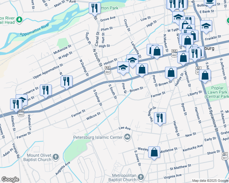 map of restaurants, bars, coffee shops, grocery stores, and more near 600 Farmer Street in Petersburg