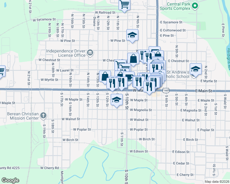 map of restaurants, bars, coffee shops, grocery stores, and more near 198 South 11th Street in Independence