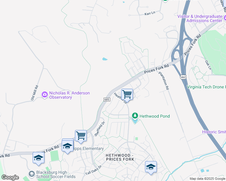 map of restaurants, bars, coffee shops, grocery stores, and more near Prices Fork Road in Blacksburg