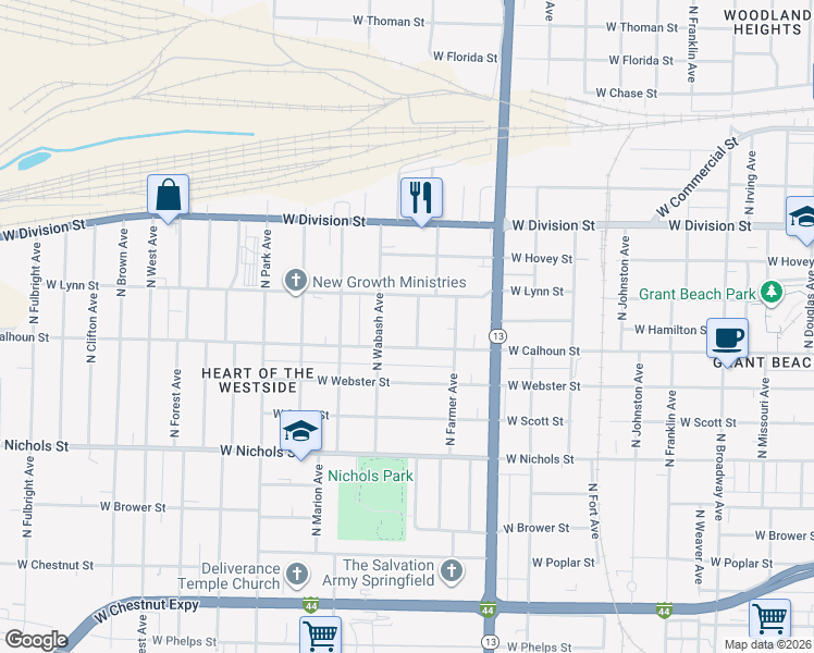 map of restaurants, bars, coffee shops, grocery stores, and more near 1801 West Calhoun Street in Springfield