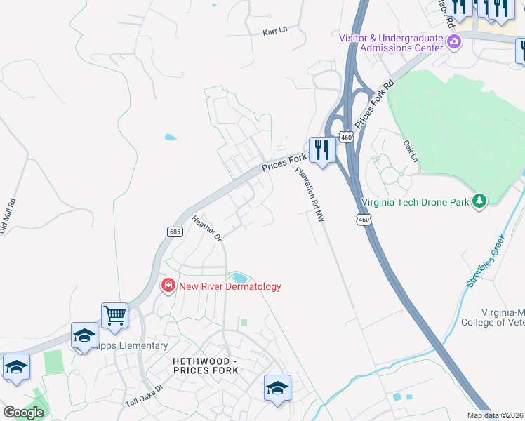 map of restaurants, bars, coffee shops, grocery stores, and more near 100 Yorkshire Court in Blacksburg