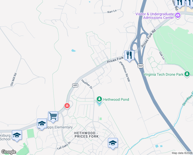 map of restaurants, bars, coffee shops, grocery stores, and more near in Blacksburg