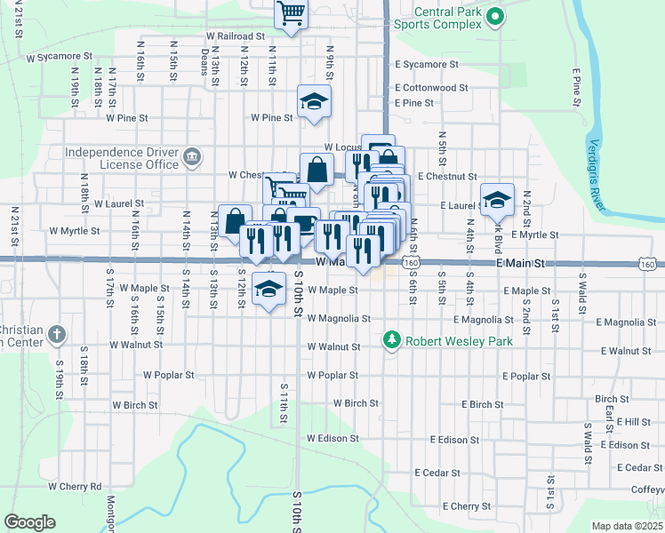 map of restaurants, bars, coffee shops, grocery stores, and more near 218 West Maple Street in Independence