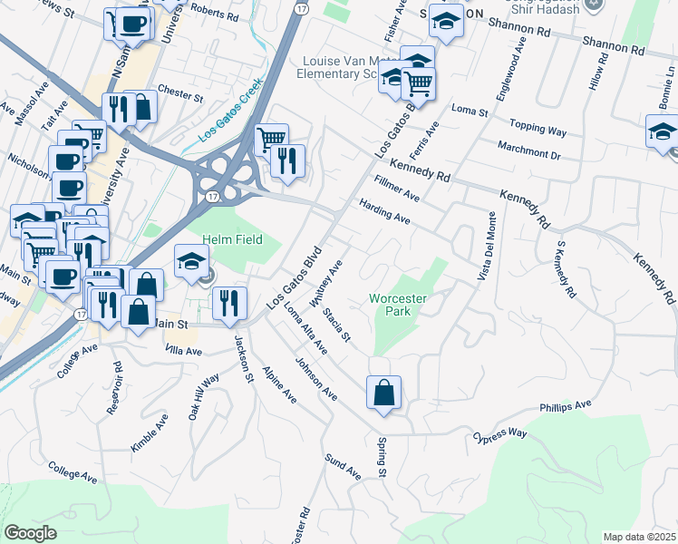map of restaurants, bars, coffee shops, grocery stores, and more near 128 Whitney Avenue in Los Gatos