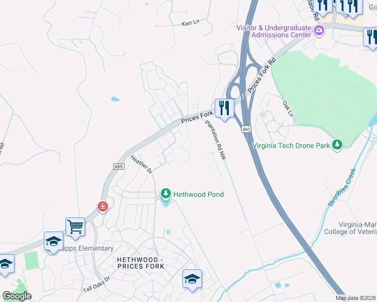 map of restaurants, bars, coffee shops, grocery stores, and more near 904 Brightwood Manor Drive in Blacksburg