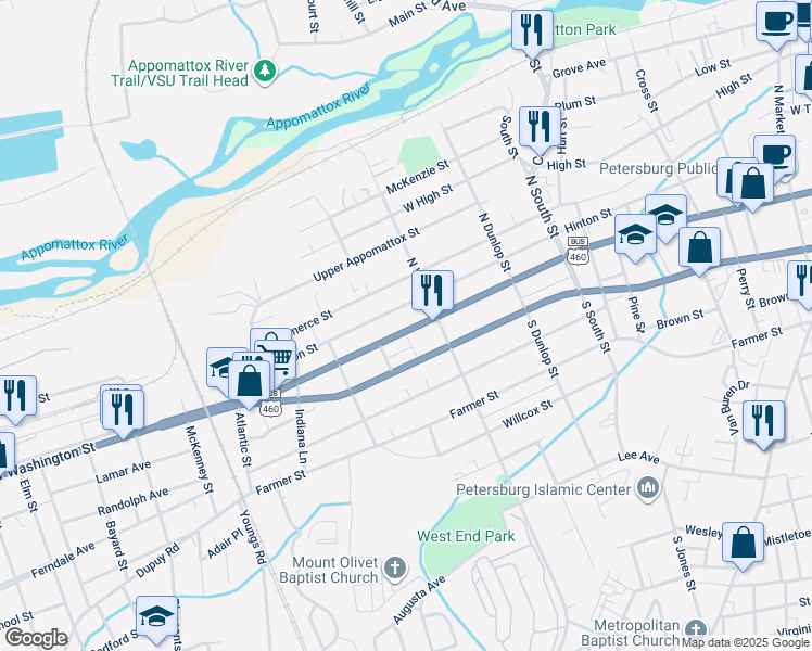 map of restaurants, bars, coffee shops, grocery stores, and more near 1127 West Washington Street in Petersburg