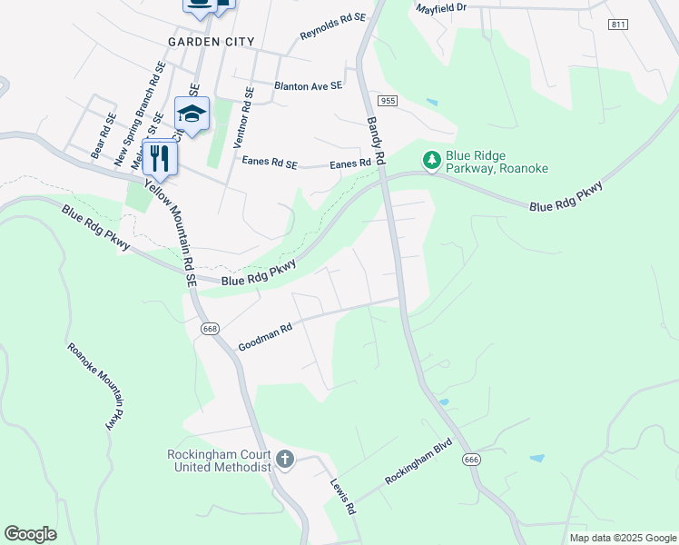 map of restaurants, bars, coffee shops, grocery stores, and more near 4730 Wood Rd in Roanoke