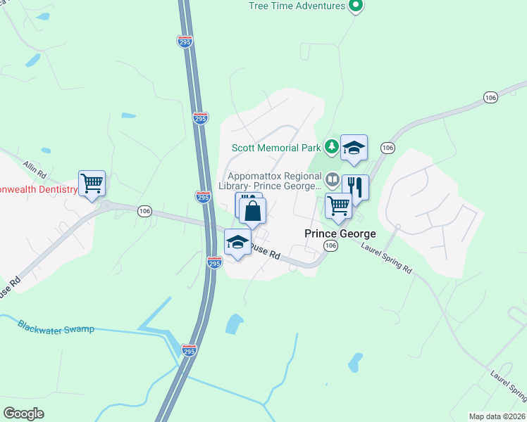 map of restaurants, bars, coffee shops, grocery stores, and more near 6581 Commons Drive in Prince George