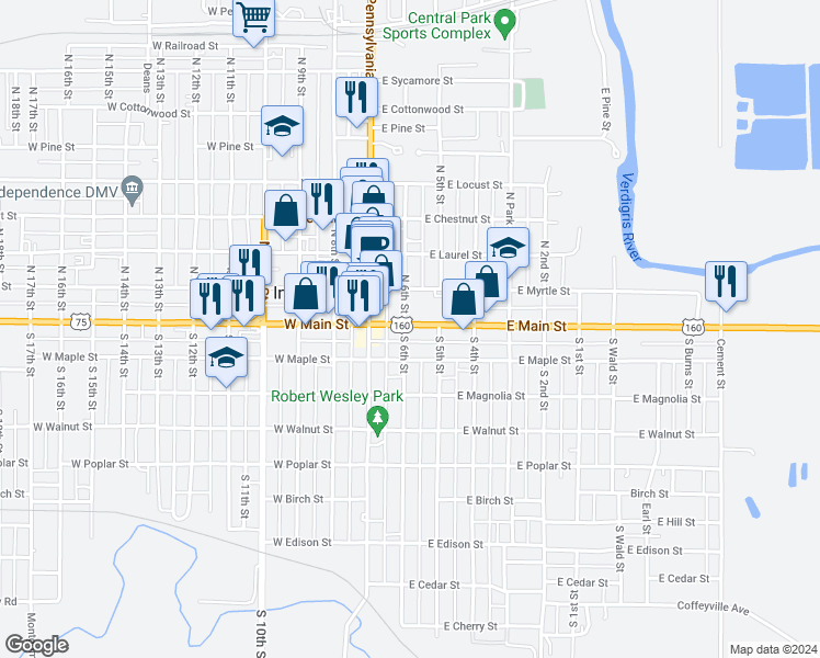 map of restaurants, bars, coffee shops, grocery stores, and more near 215 East Main Street in Independence
