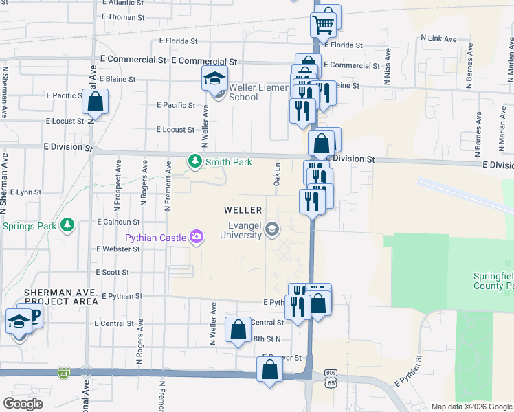 map of restaurants, bars, coffee shops, grocery stores, and more near Elm Lane in Springfield
