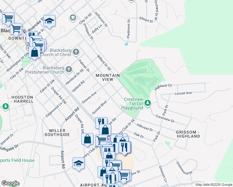 map of restaurants, bars, coffee shops, grocery stores, and more near 320 Sunset Boulevard in Blacksburg